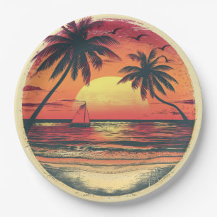 Vintage Beach Sunset Tropical Hawaiian Party Paper Plates