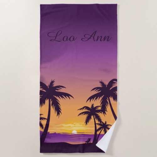 Vintage Beach Sunset Vacation lounger peach purple Beach Towel