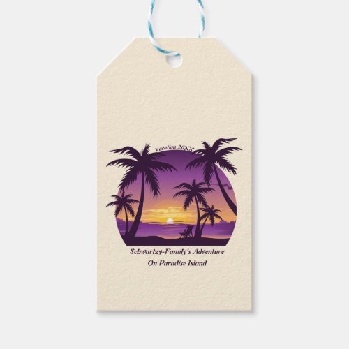 Vintage Beach Sunset Vacation lounger peach purple Gift Tags