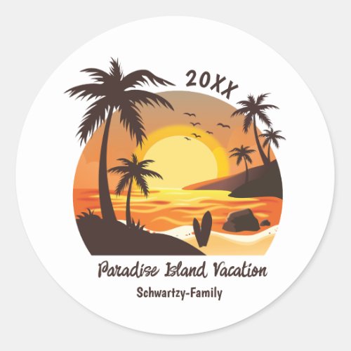 Vintage Beach Sunset Vacation surf orange brown Classic Round Sticker