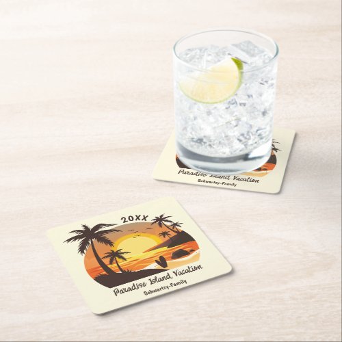 Vintage Beach Sunset Vacation surf orange brown Square Paper Coaster