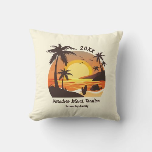 Vintage Beach Sunset Vacation surf orange brown Throw Pillow