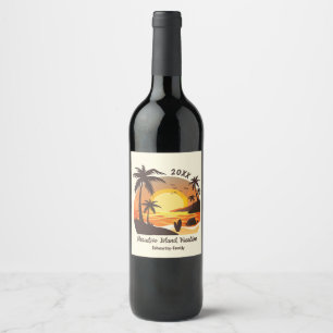 Vintage Beach Sunset Vacation surf orange brown Wine Label