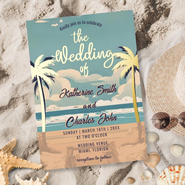 Vintage Beach Tropical Palm Wedding Foil Invitation (Creator Uploaded)