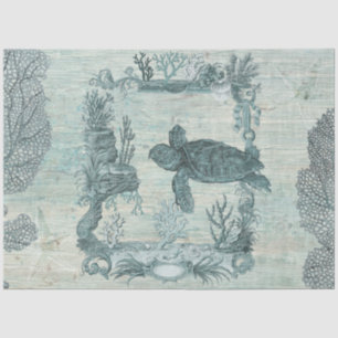 Vintage Beach Turtle Starfish Blue Wood Decoupage Tissue Paper