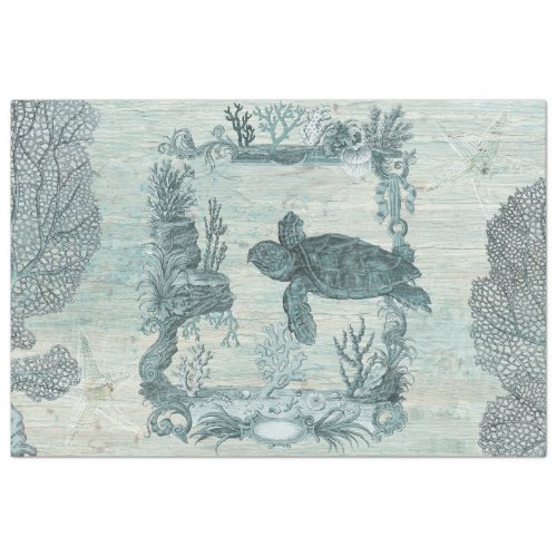 Vintage Beach Turtle Starfish Blue Wood Decoupage Tissue Paper
