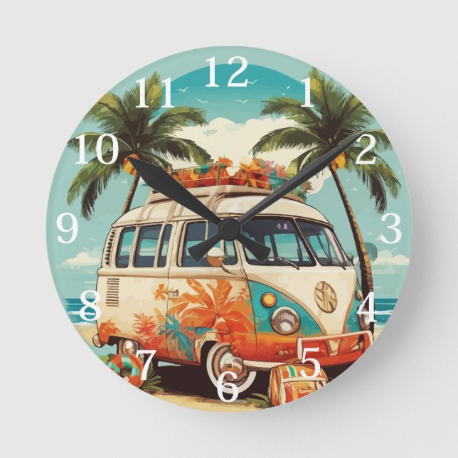 Vintage Beach Van Round Clock (Front)