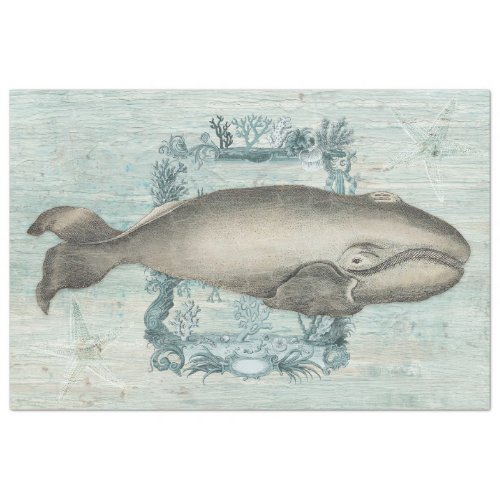 Vintage Beach Whale Starfish Blue Wood Decoupage Tissue Paper