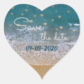 Vintage Beach With Gold Hearts Save The Date Heart Sticker by johan555 at Zazzle