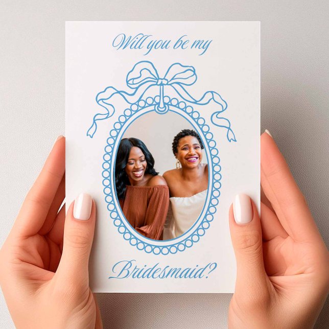 Vintage Beaded Frame Bow Bridesmaid Proposal Invitation (Vintage Beaded Frame Light Blue)