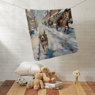 Vintage Beagle on Snowy Victorian Christmas Street Baby Blanket