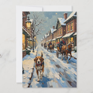 Vintage Beagle on Snowy Victorian Christmas Street Holiday Card