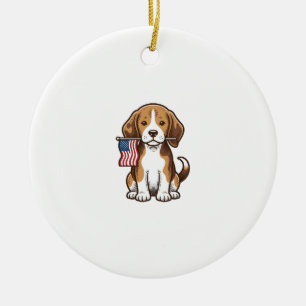 Vintage Beagle Puppy American Flag Shirt Design_1 Ceramic Ornament