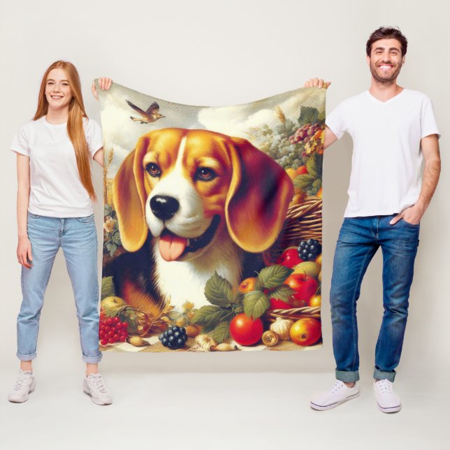Vintage Beagle Puppy Painting Fleece Blanket (In Situ)