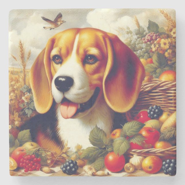 Vintage Beagle Puppy Painting Stone Coaster (Front)
