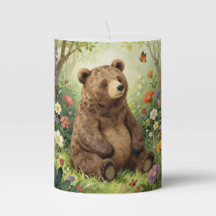 Vintage bear and butterflies in a garden pillar candle