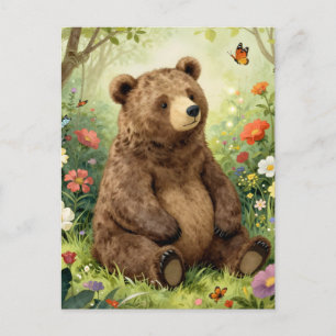 Vintage bear and butterflies in a garden postcard