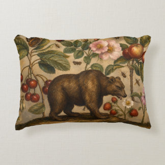 Vintage Bear and Orchard Botanical Oil Painting Accent Pillow