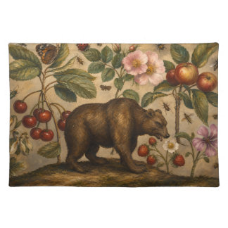 Vintage Bear and Orchard Botanical Oil Painting Cloth Placemat