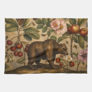 Vintage Bear and Orchard Botanical Oil Painting Kitchen Towel