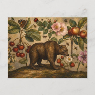 Vintage Bear and Orchard Botanical Oil Painting Postcard