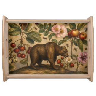 Vintage Bear and Orchard Botanical Oil Painting Serving Tray
