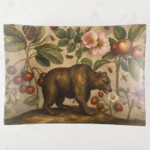 Vintage Bear and Orchard Botanical Oil Painting
