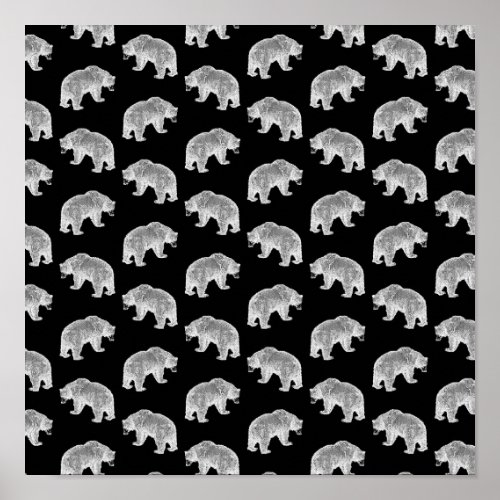 Vintage Bear Art Print Pattern Cute Bears Black