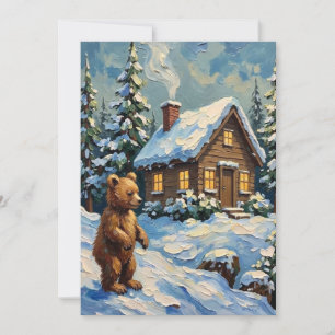 Vintage Bear Cub at Snowy Christmas Pine Cabin Holiday Card