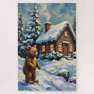 Vintage Bear Cub at Snowy Christmas Pine Cabin Jigsaw Puzzle