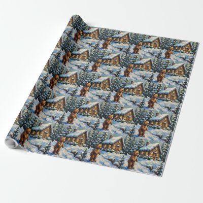 Vintage Bear Cub at Snowy Christmas Pine Cabin Wrapping Paper
