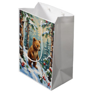 Vintage Bear Cub in Snowy Pine Forest Christmas Medium Gift Bag