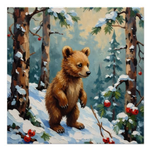 Vintage Bear Cub in Snowy Pine Forest Christmas Poster