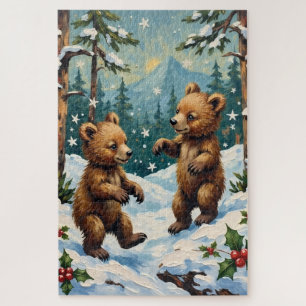 Vintage Bear Cubs Playing in Snowy Christmas Jigsaw Puzzle