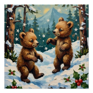 Vintage Bear Cubs Playing in Snowy Christmas Poster
