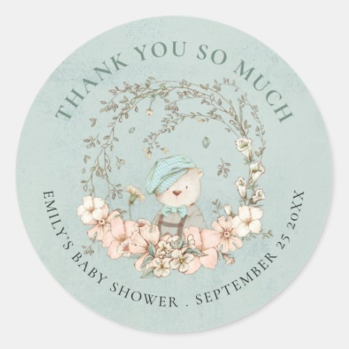Vintage Bear Floral Thank You Green Baby Shower Classic Round Sticker