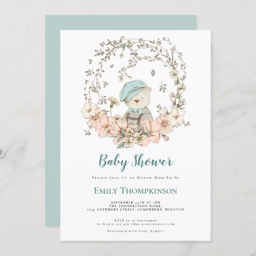 Vintage Bear Foliage Duck Egg Blue Baby Shower Invitation