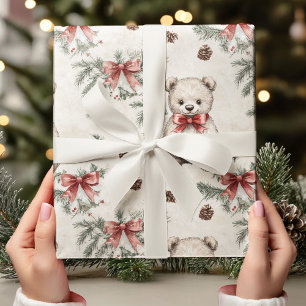 Vintage Bear Neutral with Soft Red Bow Wrapping Paper