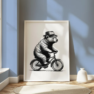 Vintage Bear on Bicycle Whimsical Black and White Poster