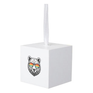Vintage Bear Sunglasses Vector Graphic Design_1 Cube Ornament