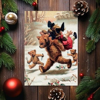Vintage Bears Stealing Child Christmas Card by LongToothed at Zazzle