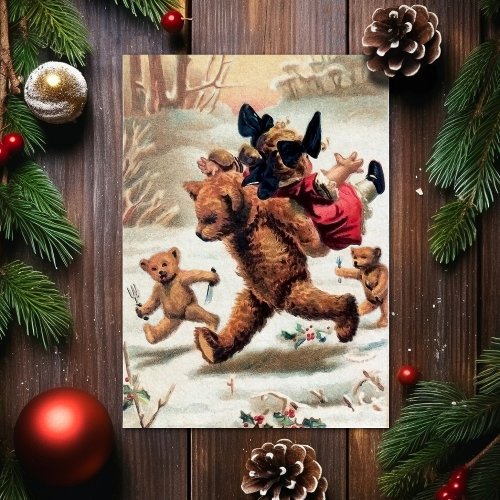 Vintage Bears Stealing Child Christmas Card