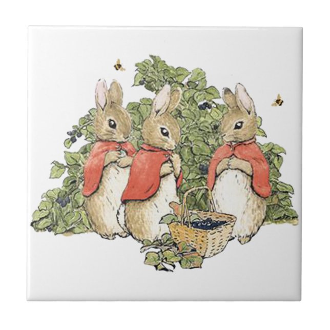 Vintage Beatrix Potter Bunnies Picking Blueberries Ceramic Tile (Front)