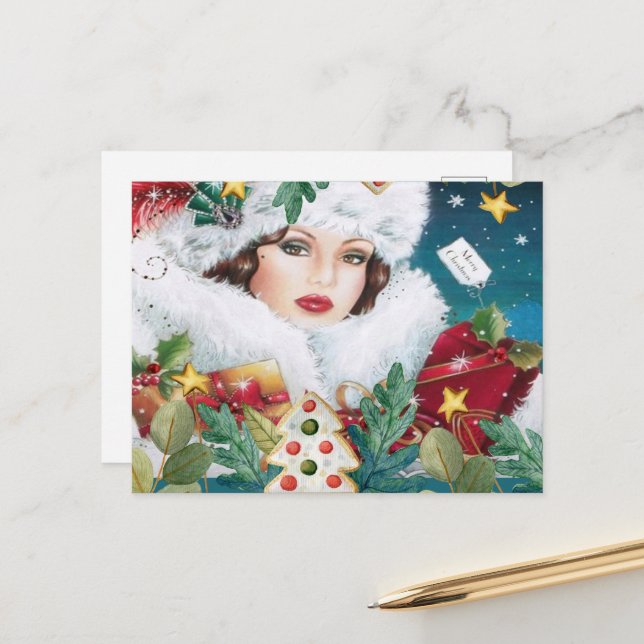 Vintage Beautiful Christmas Woman Postcard (Front/Back In Situ)