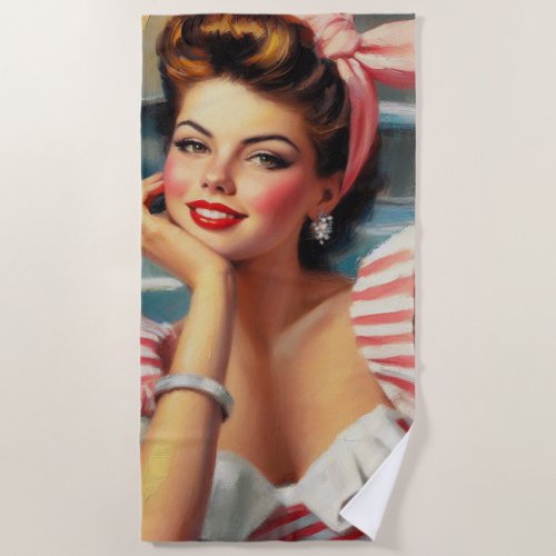 Vintage Beautiful Girl Painting Beach Towel