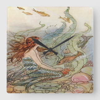 Vintage Beautiful Girly Mermaid Under The Sea Square Wall Clock