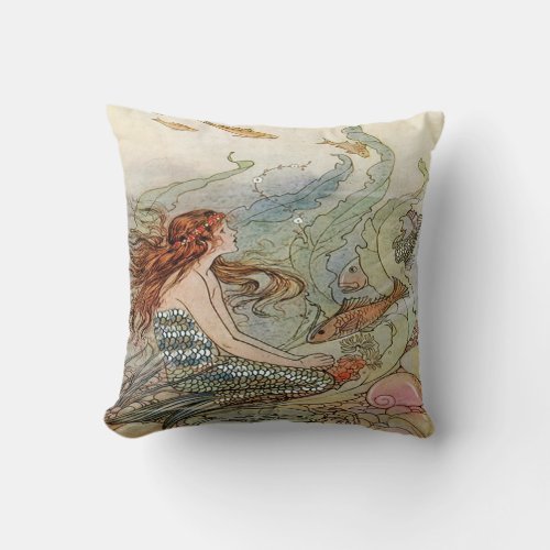 Vintage Beautiful Girly Mermaid Under The Sea Throw Pillow