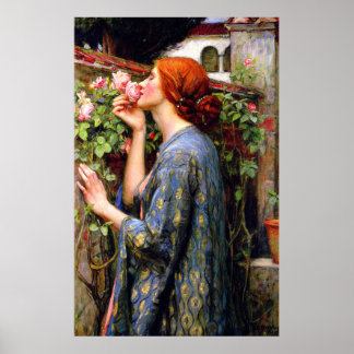 Vintage Beautiful Lady And Pink Rose Flower Poster