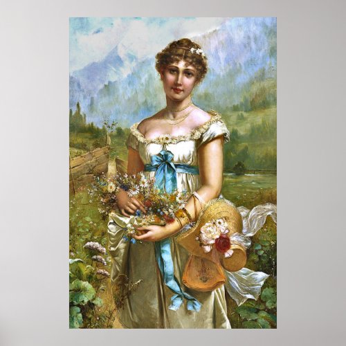 Vintage Beautiful Lady Blue Ribbon White Flowers Poster