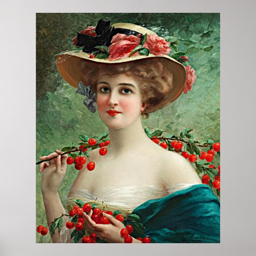 Vintage Beautiful Lady Flower Hat  Cherries Poster